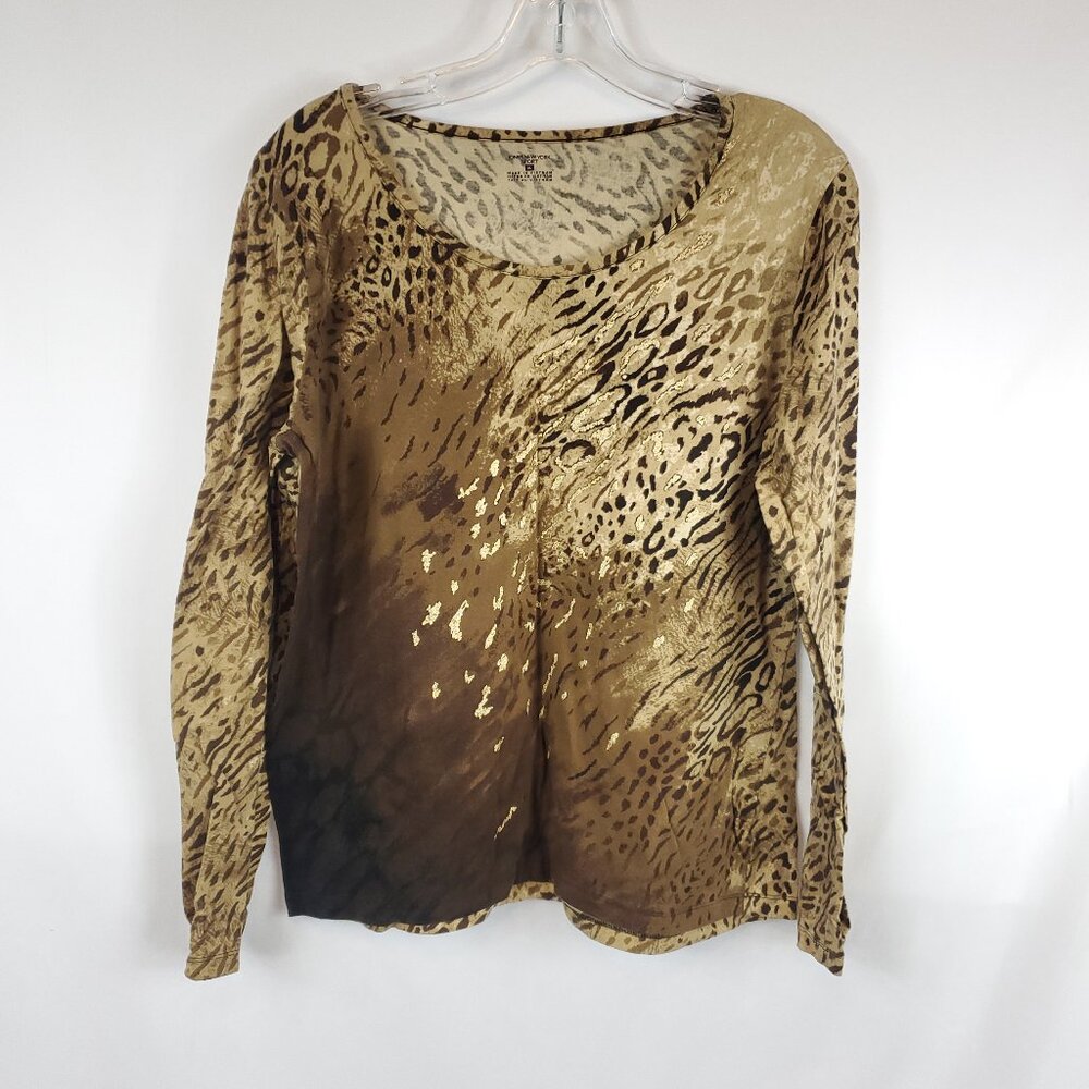 Jones New York Sport Brown Tan Gold Animal Pring Long Slv Wide Neck Blouse Sz XL